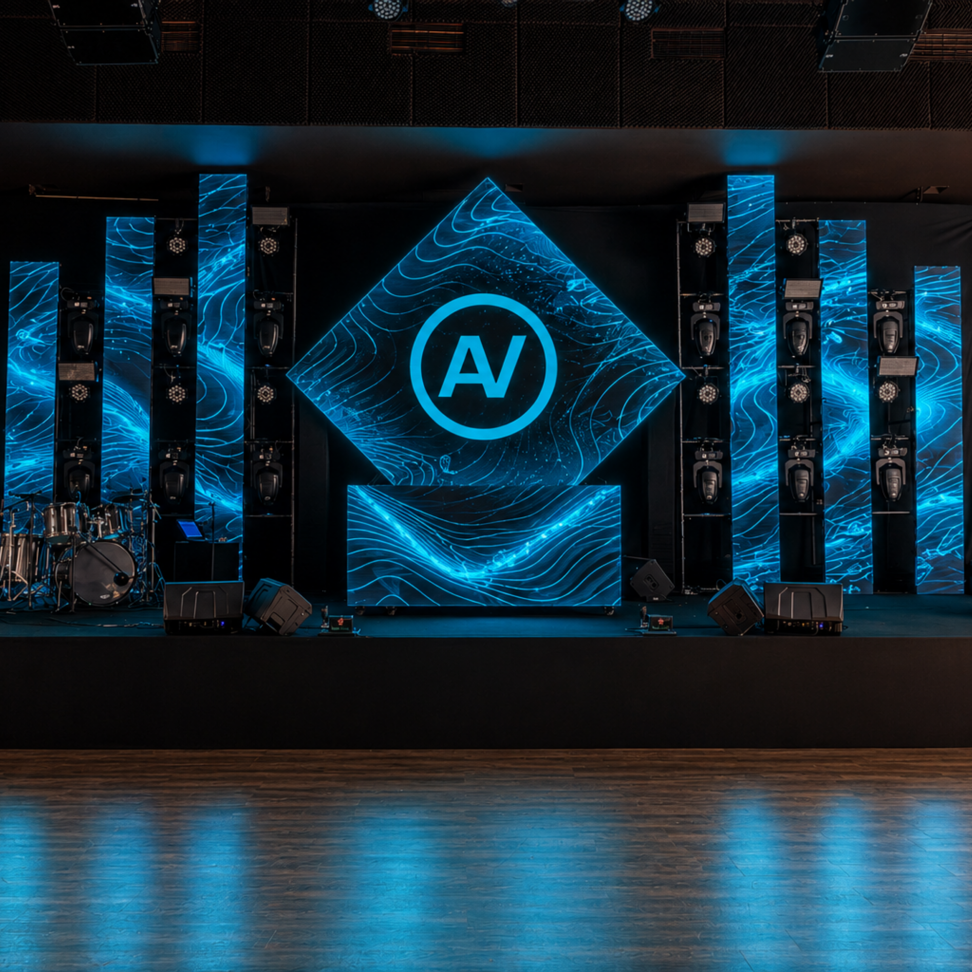 Odom Audio Visual event-production stage with an LED display and lighting