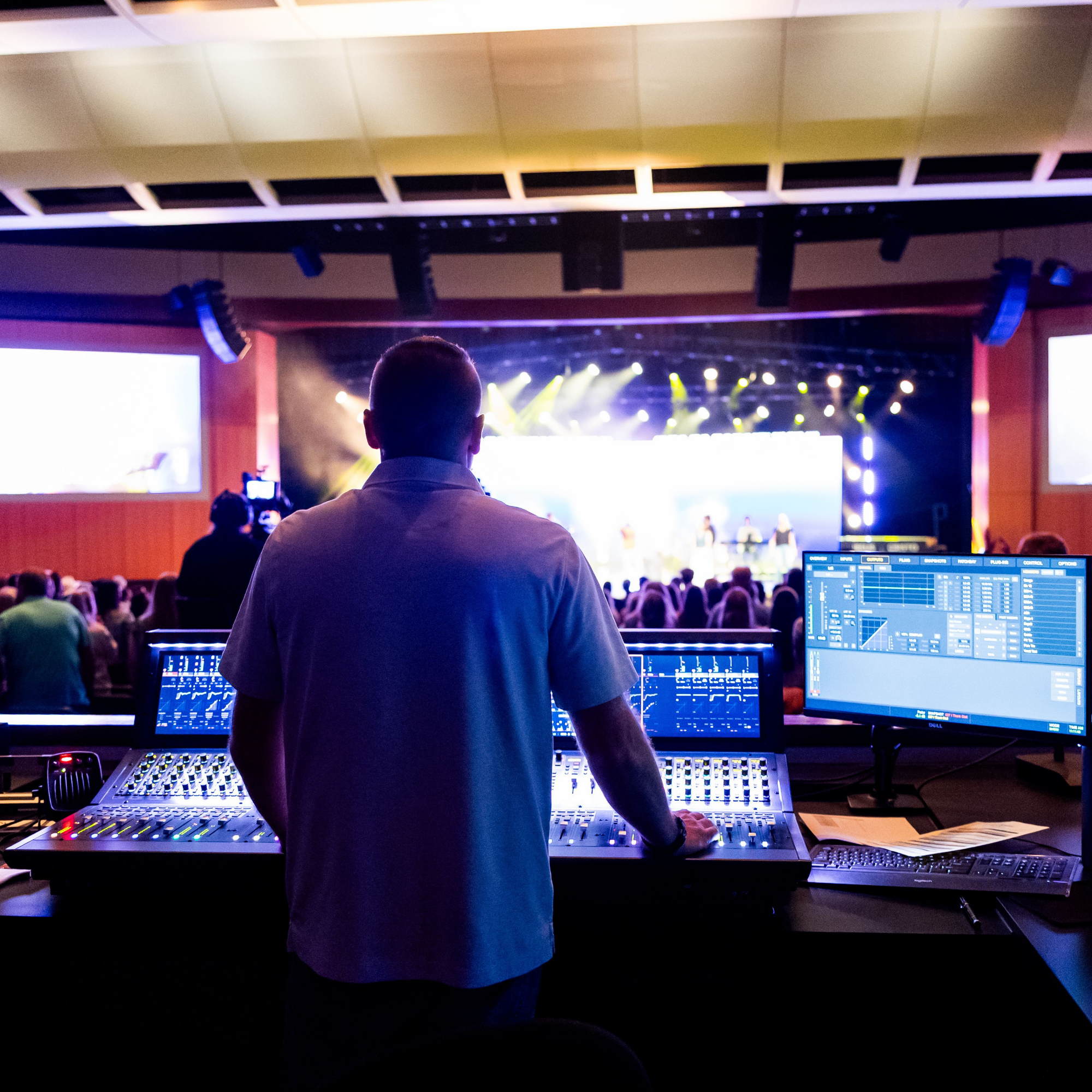 Audio visual system operation in a professional event space